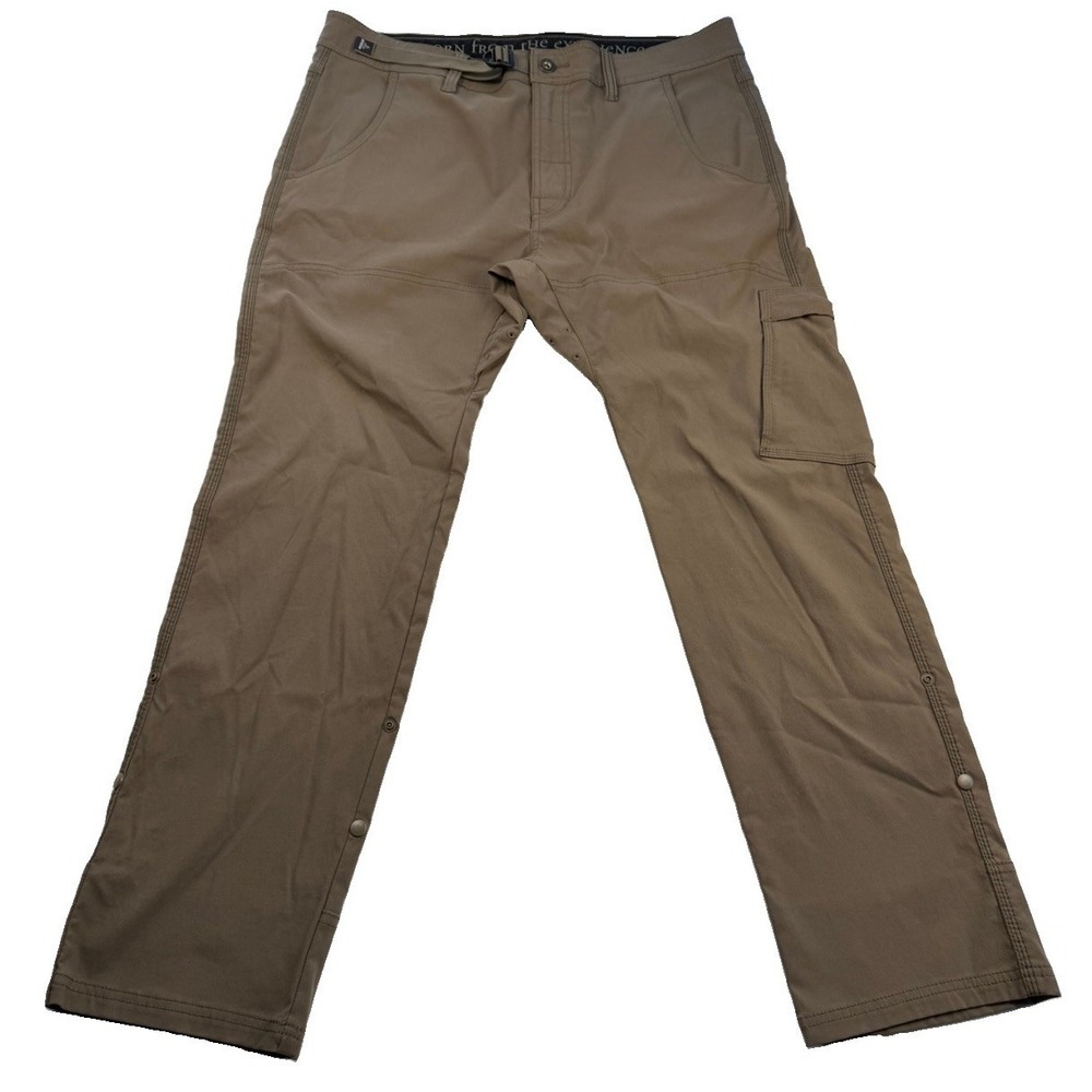 Prana Stretch Zion Straight Pants Hiking Belted Roll Snap Up Medium 36x30 Beige